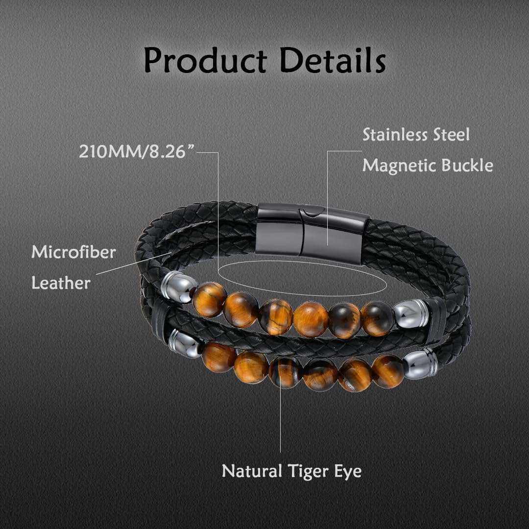 Mens Leather Braided Tiger Eye Bead Bracelet Stainless Steel Clasp Cuff Bracelets Gift for Men Him