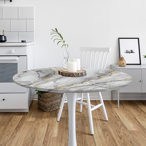 Miniatura 7 de cfpolar Mantel redondo de mármol con borde elástico, mantel lavable de mármol blanco moderno, mantel lavable de poliéster para cocina, comedor,