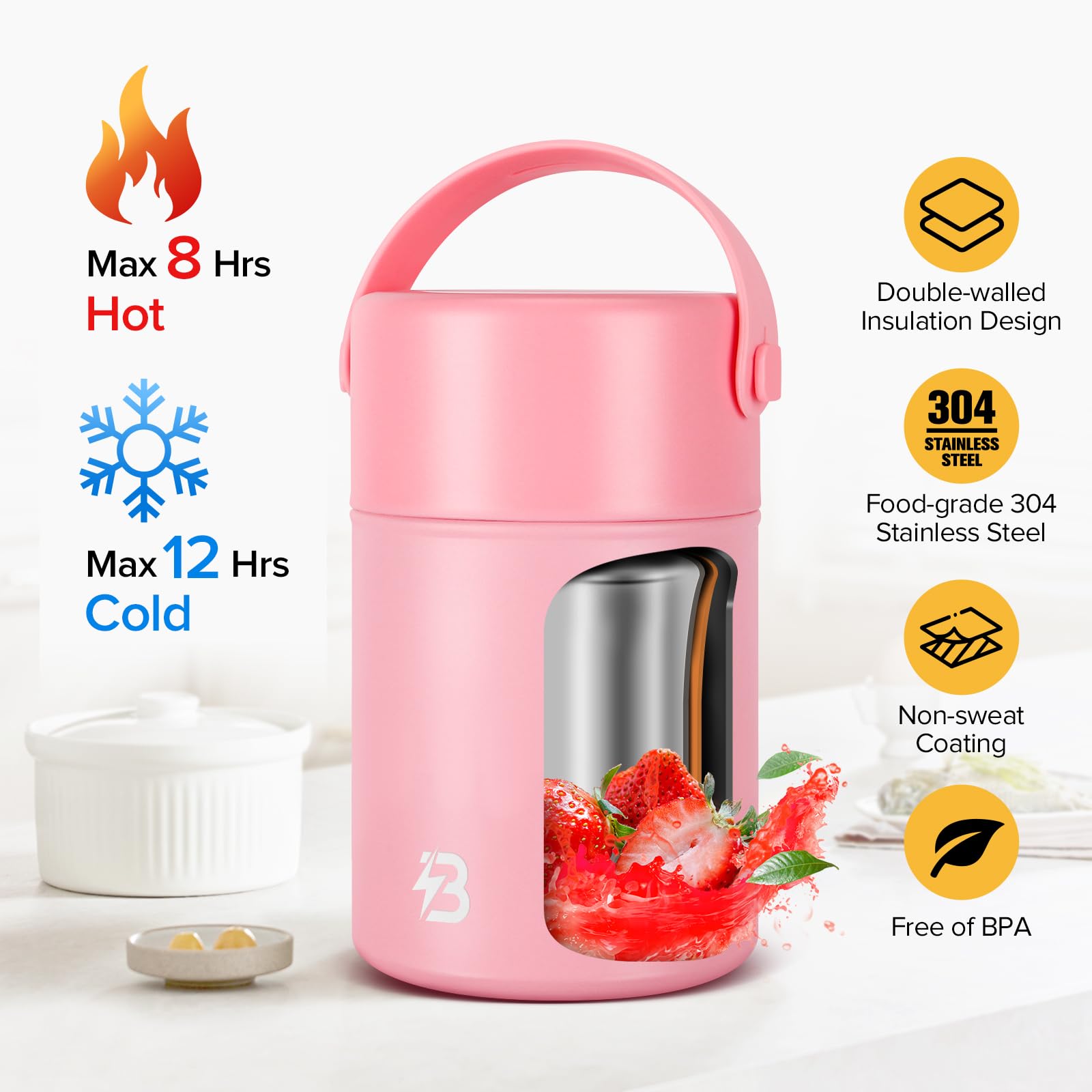 Termo para alimentos calientes, contenedor de alimentos aislado, reutilizable, de acero inoxidable, doble pared, aislado al vacío con cuchara plegable para camping, al aire libre, viajes