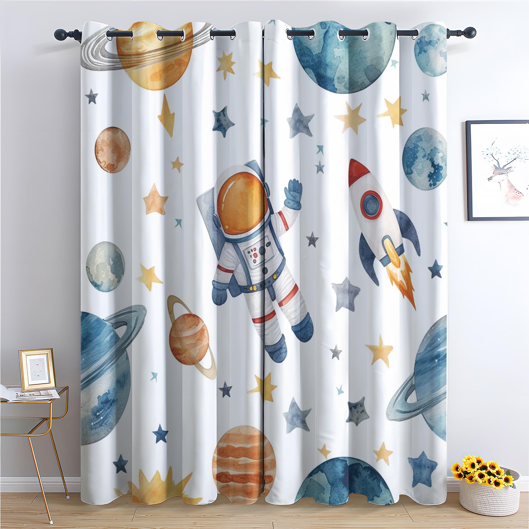 DlaQoryx Cartoon Astronaut Blackout Curtains Space Planet Rocket Curtain for Living Room, Bedroom Home Decor Window Curtains, Eyelet Thermal Curtains & Drapes 2 Panels 46x90 Inch