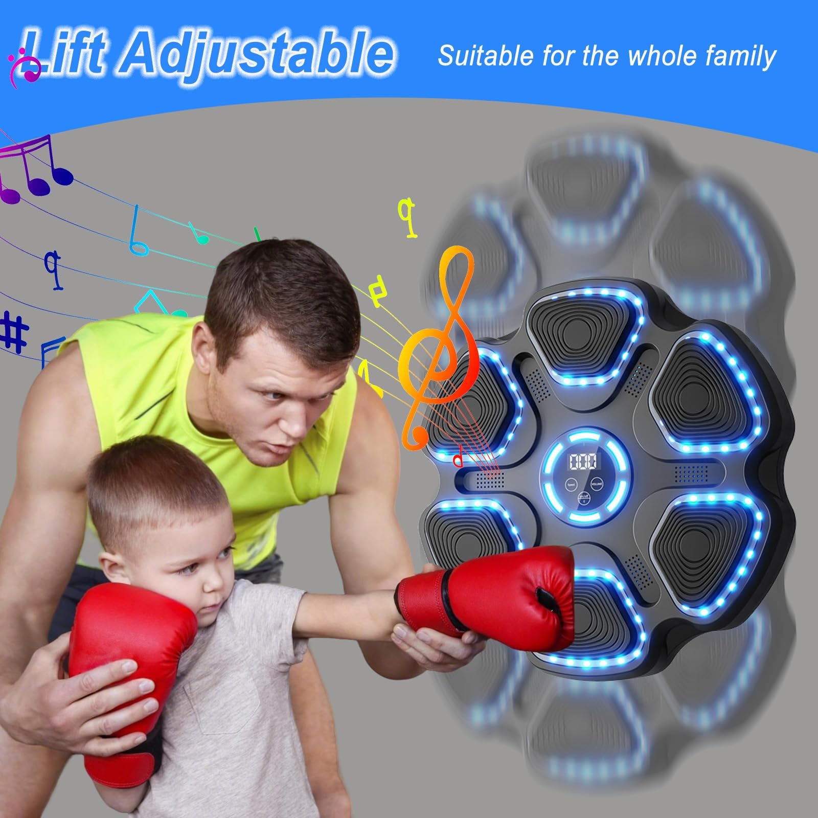 Macchina Da Boxe Musicale Smart Con Bersaglio LED, Bluetooth, Altezza Regolabile, Guanti Inclusi, Per Adulti E Bambini, Allenamento E Stress