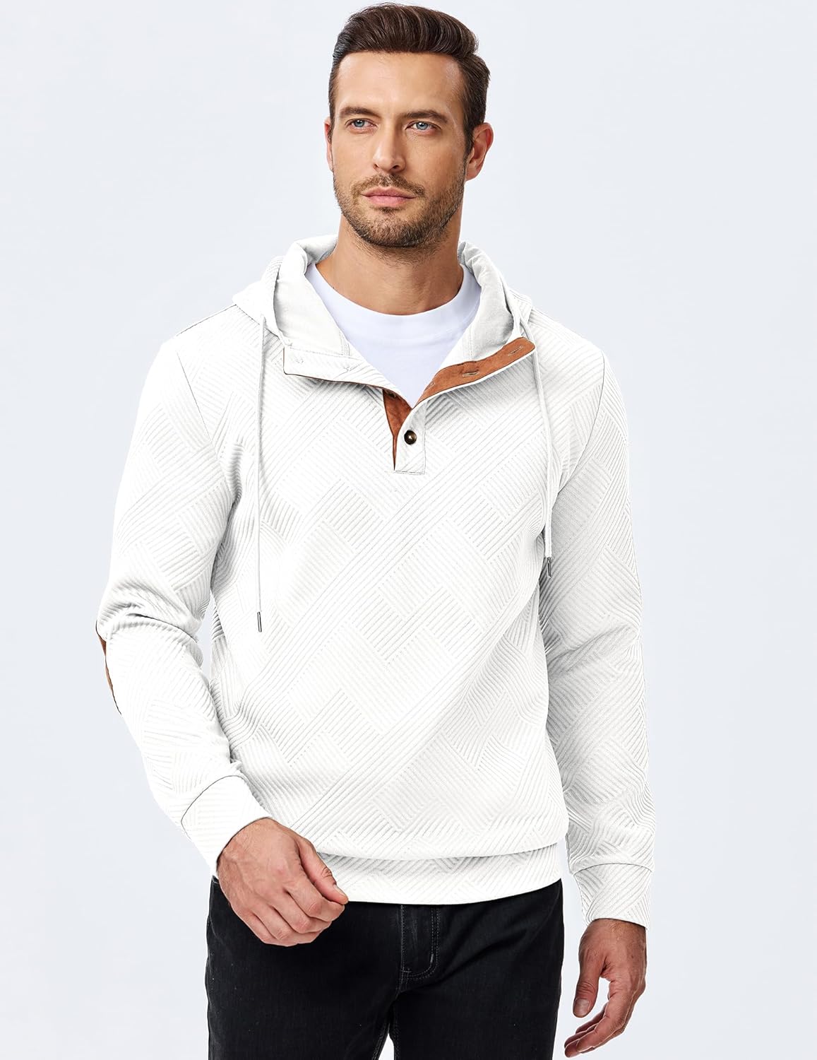 JMIERR Mens Hoodies Fall Casual Cotton Textured Long Sleeve Half Button Pullover Hooded Sweatshirts - Image 2