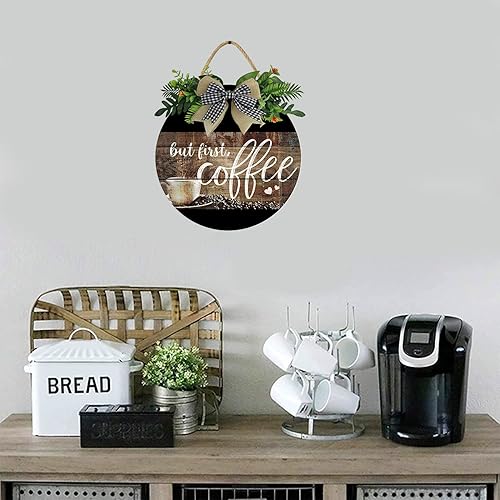 Miniatura 3 de KPSheng Letrero con texto en inglés But First Coffee, decoración de pared de madera de 11 pulgadas para el hogar, cocina, cafetería o