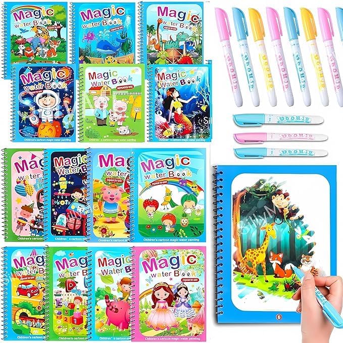 Image of 12-Pack Reusable Magic Water Quick Dry Coloring Books for Kids Colouring Doodle Pen Water Painting Book for Children Education Drawing Pad Kids Learning /Fun Books (Random Designs) - No Colors Required (12)