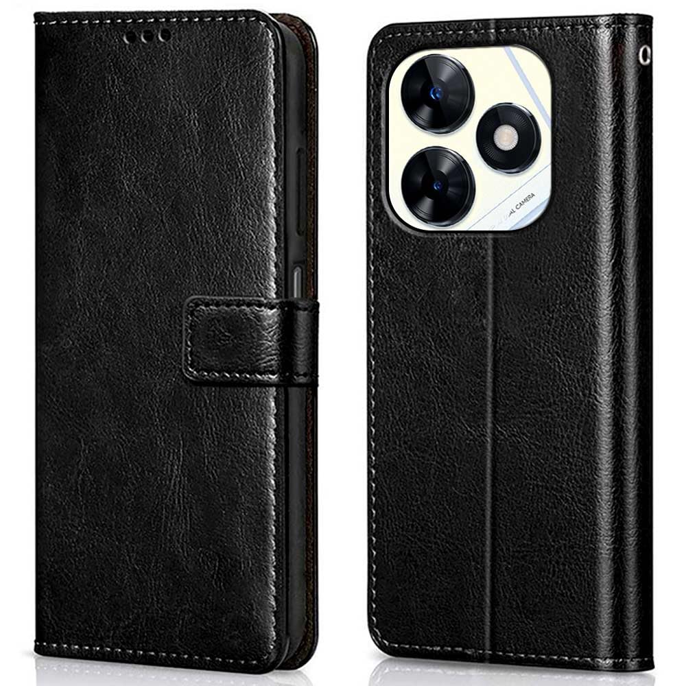 WOW IMAGINE Shock Proof Flip Cover Back Case Cover for Tecno Pop 8 | Tecno Spark Go 2024 | Tecno Spark 20 (Flexible | Leather Finish | Card Pockets Wallet & Stand | Black)