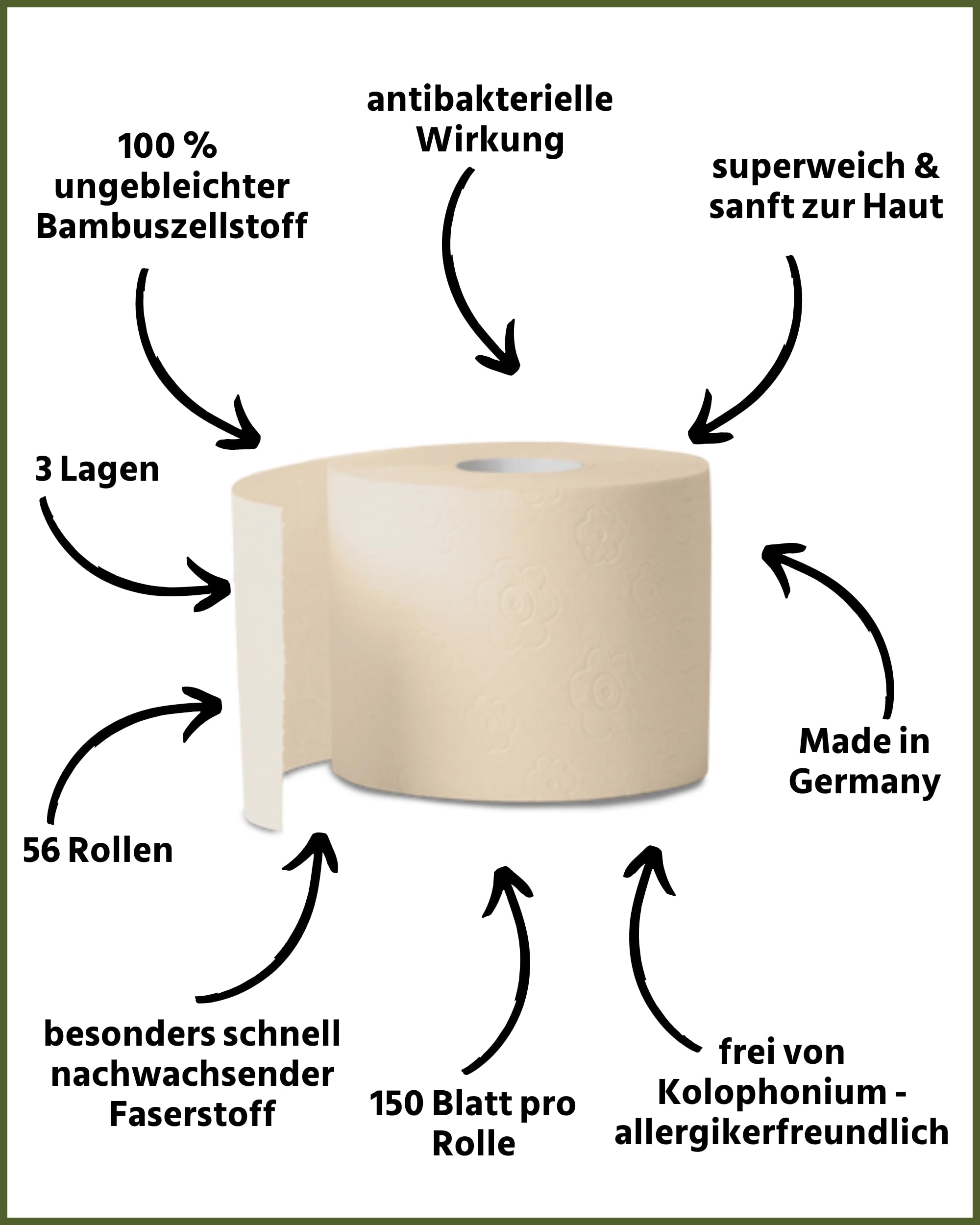 œcolife Toilettenpapier Bambus 3-lagig, 56 Rollen Klopapier superweich | superweich, plastikfrei verpackt, vegan, Verpackung mit 60% PCR-Anteil