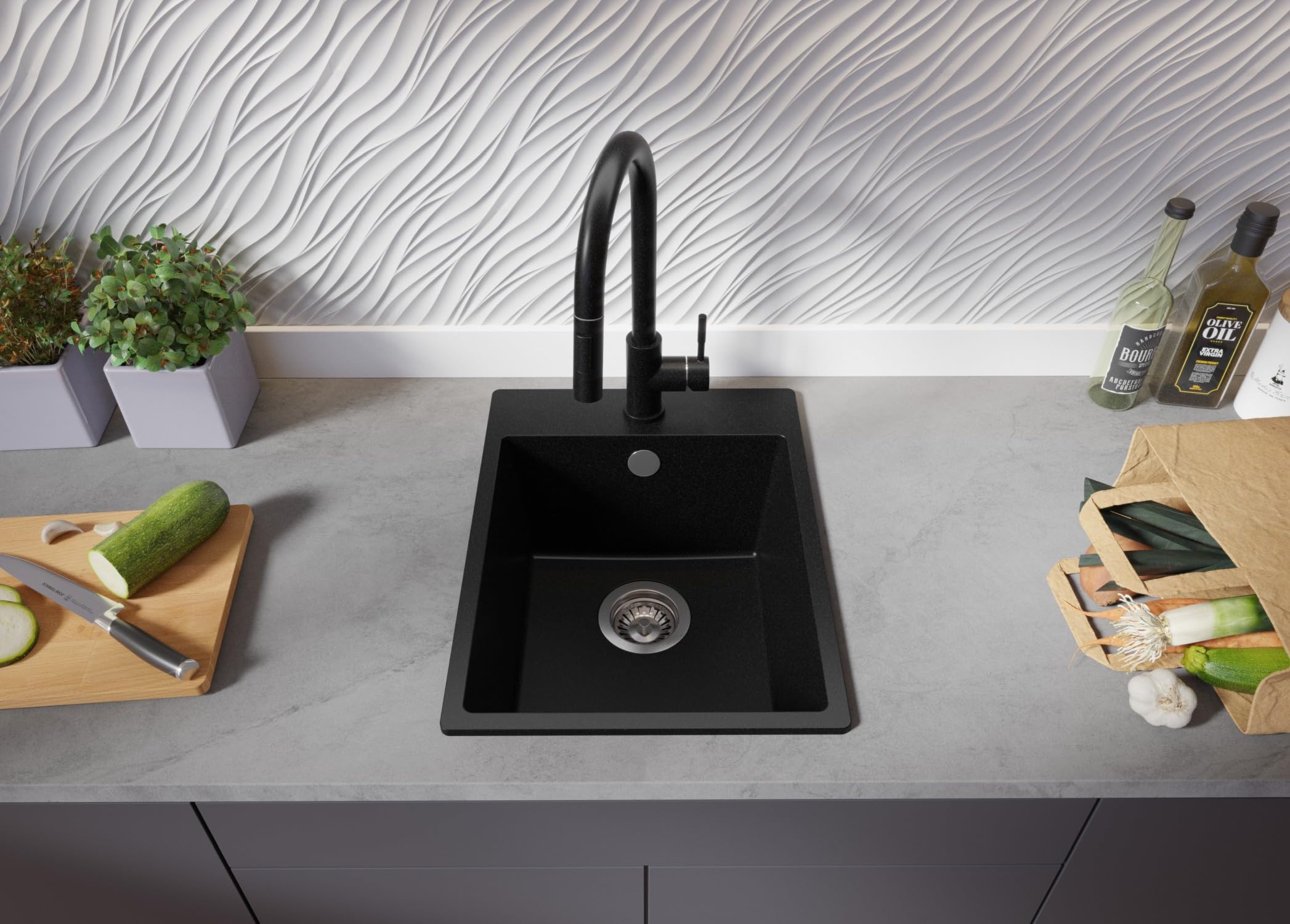 PRIMAGRAN Evier Cuisine en Granit Noir 38x50cm, Lavabo 1 bac + Kit de Vidage, Évier à Encastrer au Meuble 40cm - Riga S035