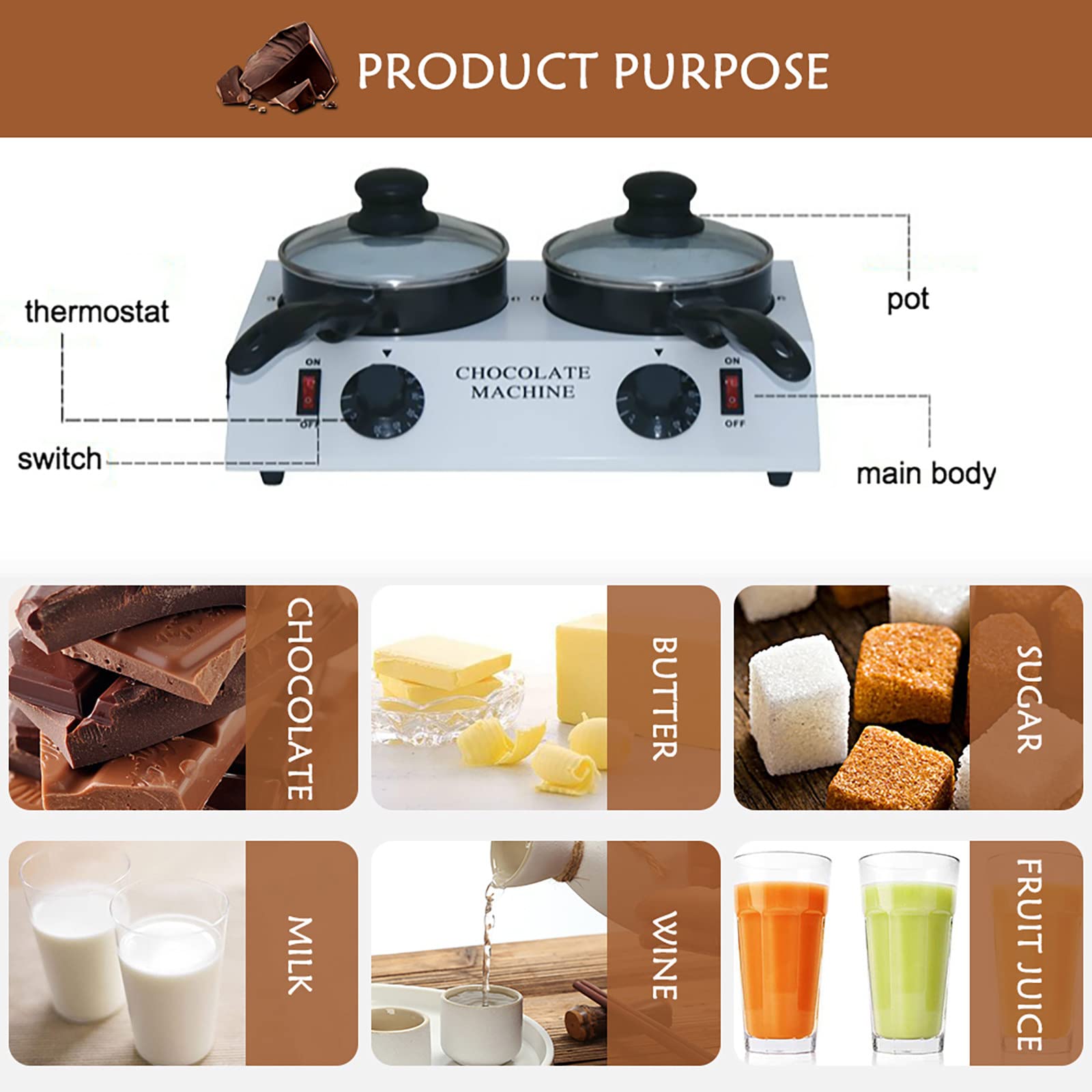 Scioglitore per Cioccolato A 2 Pentole, Intervallo di Temperatura 30-85 ℃, Set per Fonduta Riscaldante per Cioccolato da 40 W, Dessert al Cioccolato Fai-da-Te, capacità 2 kg