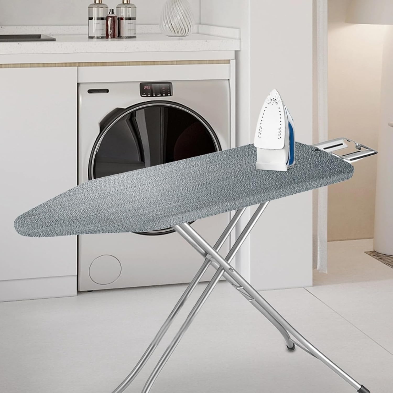 Ironing Board Cover 14x48 Gray Textured Iron Board Cover with Padding Heat Reflective,Scorch Resistant Thick Padding,Snug Fit Non-Slip Nose Pocket Fastener Straps Elastic Edges
