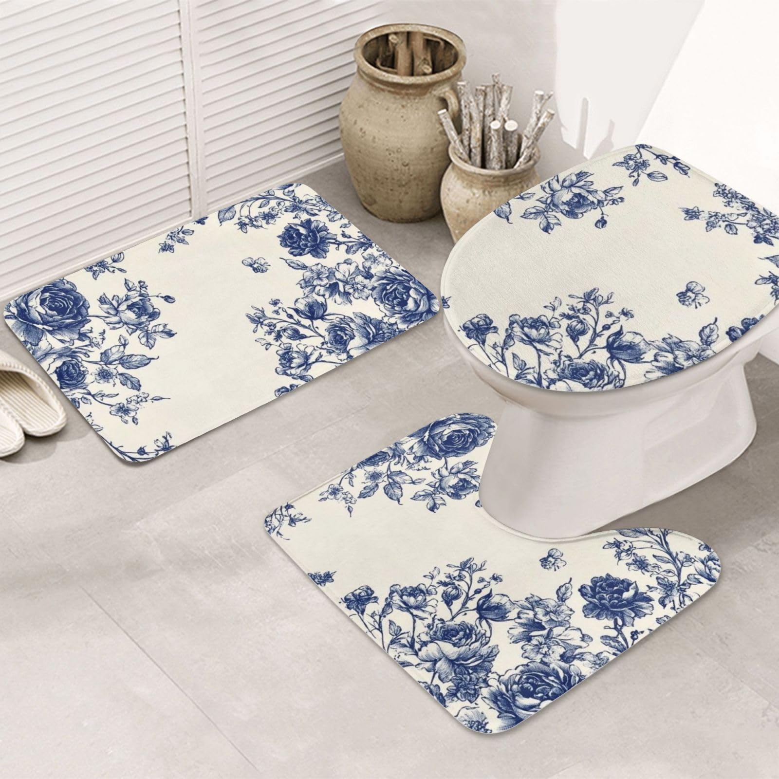 Lot de 3 tapis de bain en mousse à mémoire de forme, doux et absorbants, motif fleurs bleues dans le style chinois, tapis de toilette en forme de U, décoration d'intérieur, séchage rapide