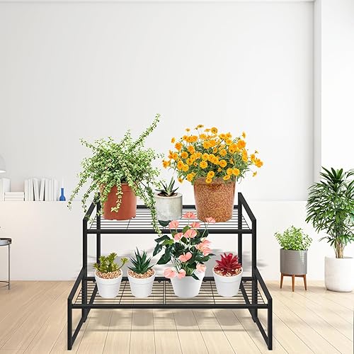 Miniatura 8 de Soporte de metal de 2 niveles para interiores y exteriores, soporte para macetas de flores, apilable, resistente, alto, soporte para macetas para