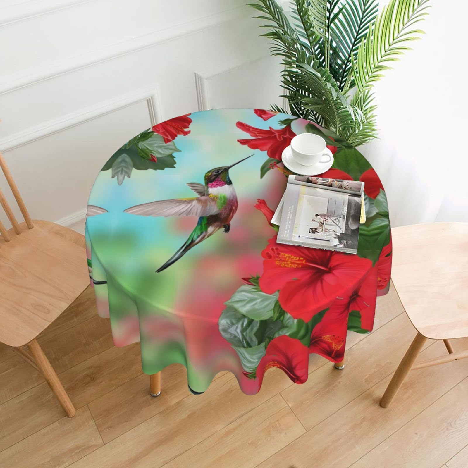 WHJSSF Hummingbird Red Hibiscus Flower Prints Round Decorative Table Throw 60 Inch – Waterproof Table Cover for Dining, Coffee Tables, and Outdoor Events
