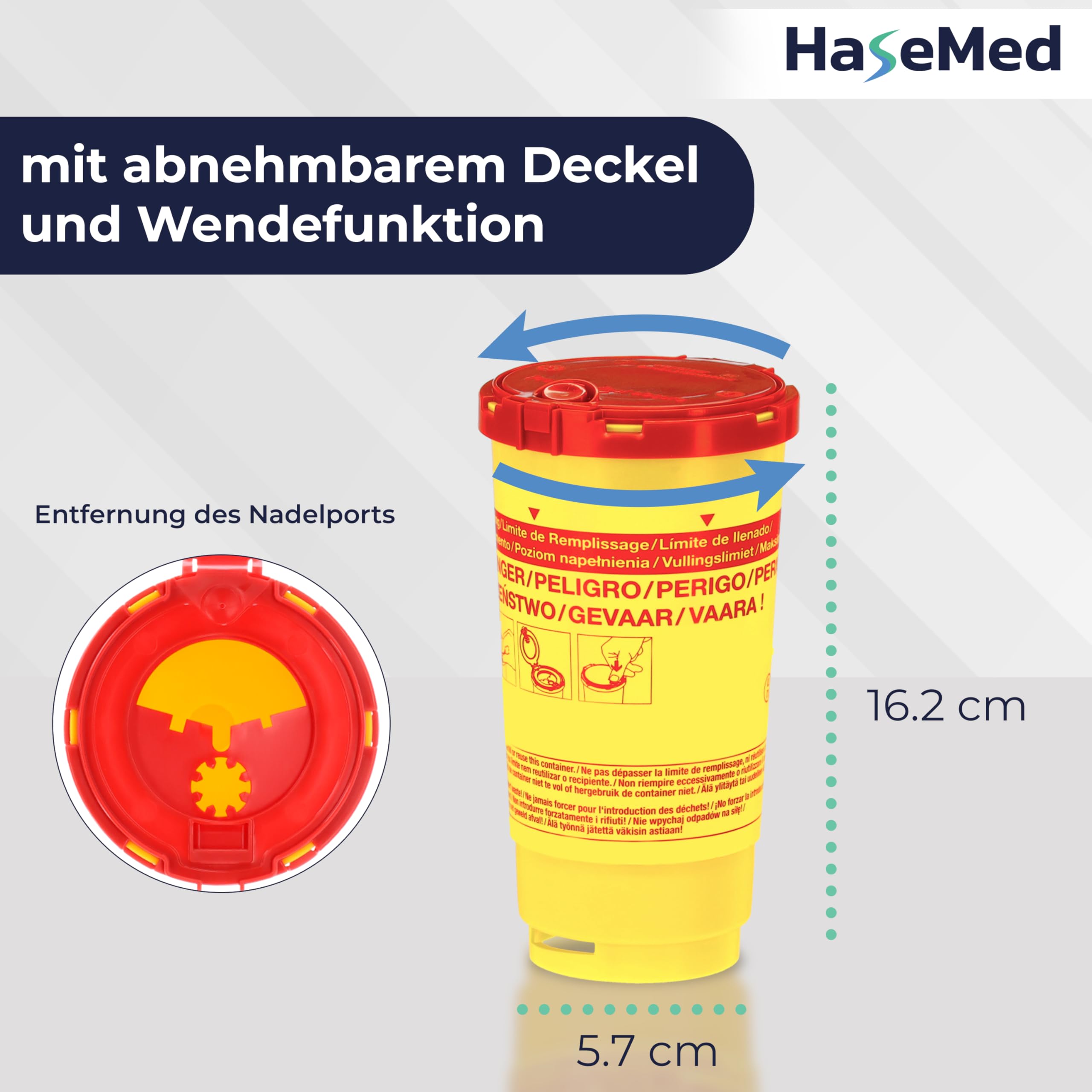 HaseMed Biohazard pojemnik na odpady z igłami, strzykawkami i ostrymi przedmiotami, bezpieczny, higieniczny, z czerwoną pokrywką, do klinik i placówek opieki (500 ml)