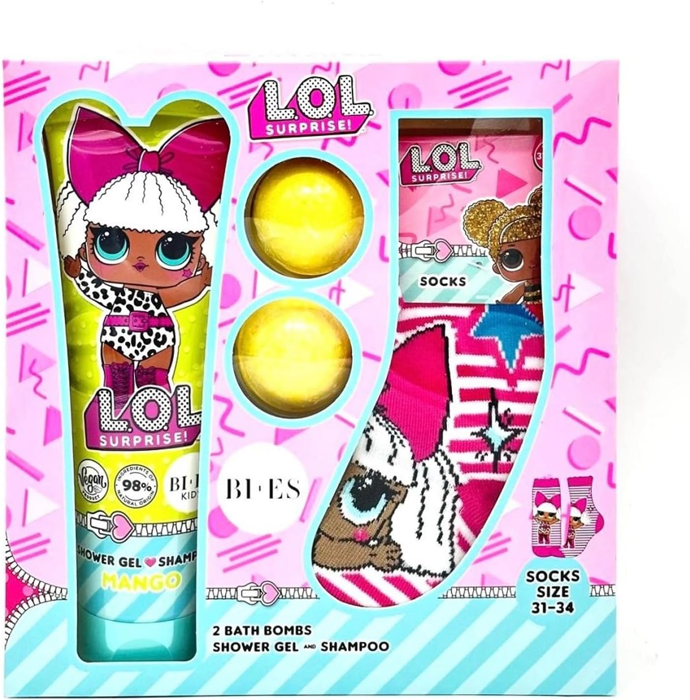 LOL Surprise Bath Gift Set for Kids – Natural, Vegan & Mango Fragrance 2-in-1 Shower Gel & Shampoo (240ml), Bath Bombs (2 x 55g), LOL Design Socks – Ideal Birthday & Christmas Gift for Kids