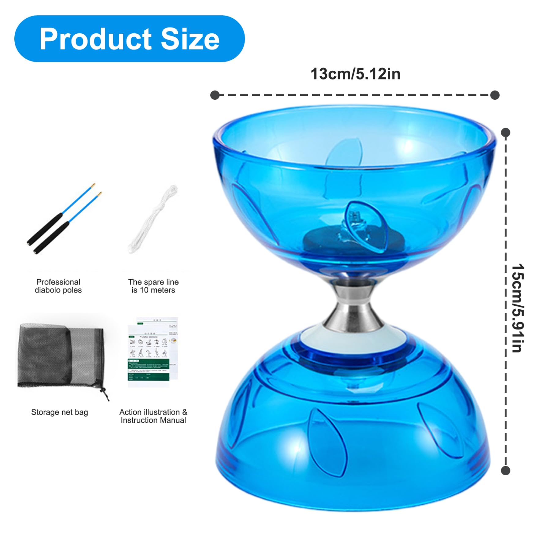 Juego de Yoyo Diabolo de Triple rodamiento Azul Yoyo Chino con Bolsa de Red de Hilo de Palo para niños y Adultos