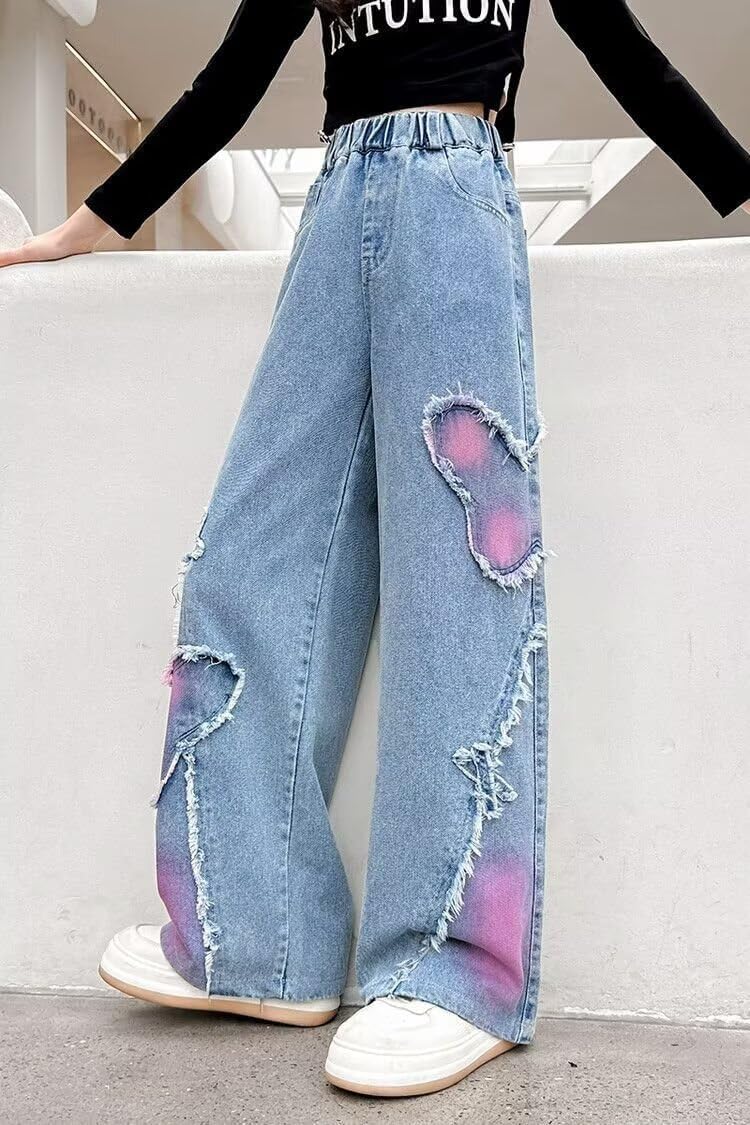 Girls Wide Leg Jeans Denim Elastic Wasit Baggy Ripped Distressed Pants - Image 5