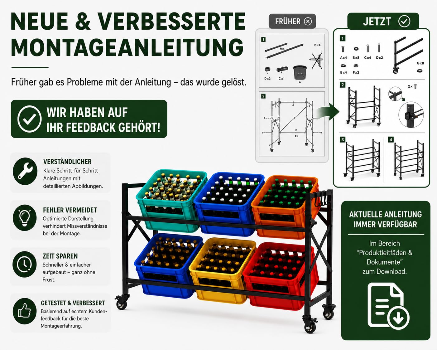 Getränkekistenregal für 6 Kisten mit Rollen – Extrem Stabiles Metallregal, 250kg Tragkraft – Wasserkistenregal & Bierkistenregal für Küche, Keller & Speisekammer