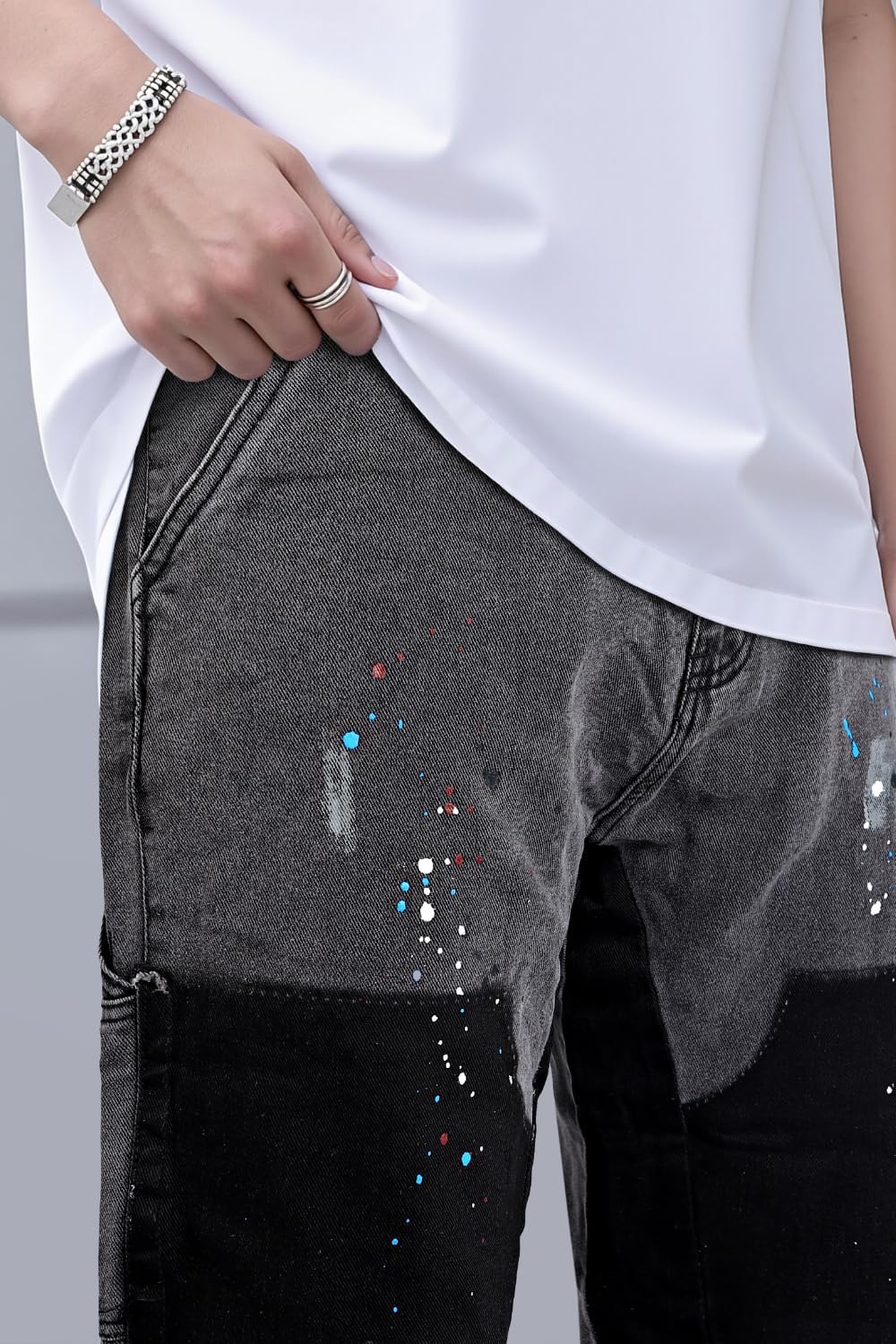 GINGTTO Mens Flared Jeans Streetwear Stretch Slim Fit Carpenter Denim Pants for Men Contrast Painted Design Grey 32 - Image 6