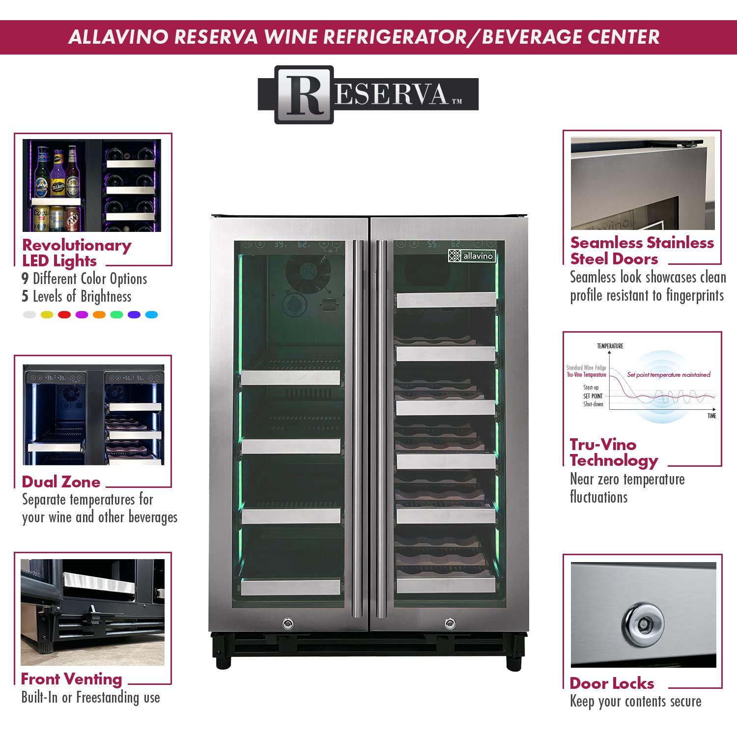 Allavino 24" Wide 18 Bottle/66 Cans Dual Zone Stainless Steel Wine Beverage Center Vsbcw34fd-2s on Fridge.com - View 2