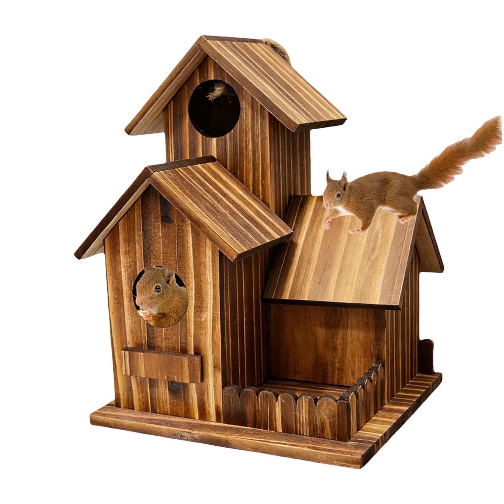 Squirrel Feeder House | Wooden Squirrel Feeder Nesting Box | Hanging Chipmunk Feeders House with Awning | Outdoor Sun Protection Chipmunk Food Nesting Box for Garden & Courtyard