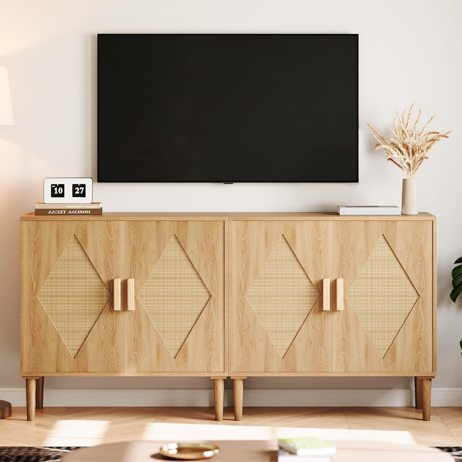 GarveeHome Set 2 Modern Rattan Sideboard Cabinet – Adjustable Shelves, Woven Cane Doors, Sturdy Wood Legs – Versatile Buffet Storage for Kitchen, Dining Room, Living Room, Entryway
