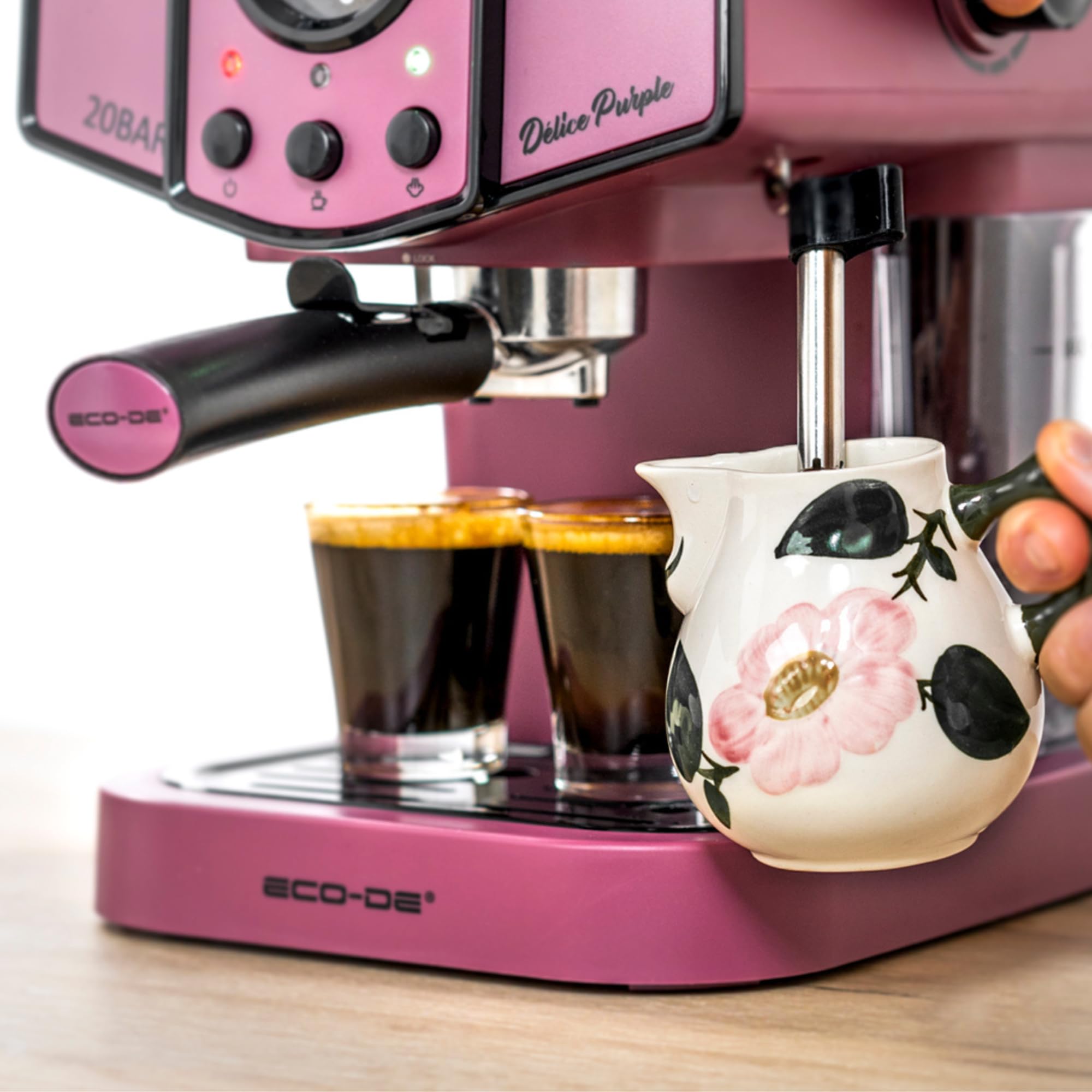 ECO-DE Macchina Caffè Cialde ESE 44 Espresso e Caffe Macinato in Polvere con Montalatte per Cappuccino, Tè o Infusioni – Coffee Machine 20 bar e Vaporizzatore in Acciaio – Disegno Stile Vintage