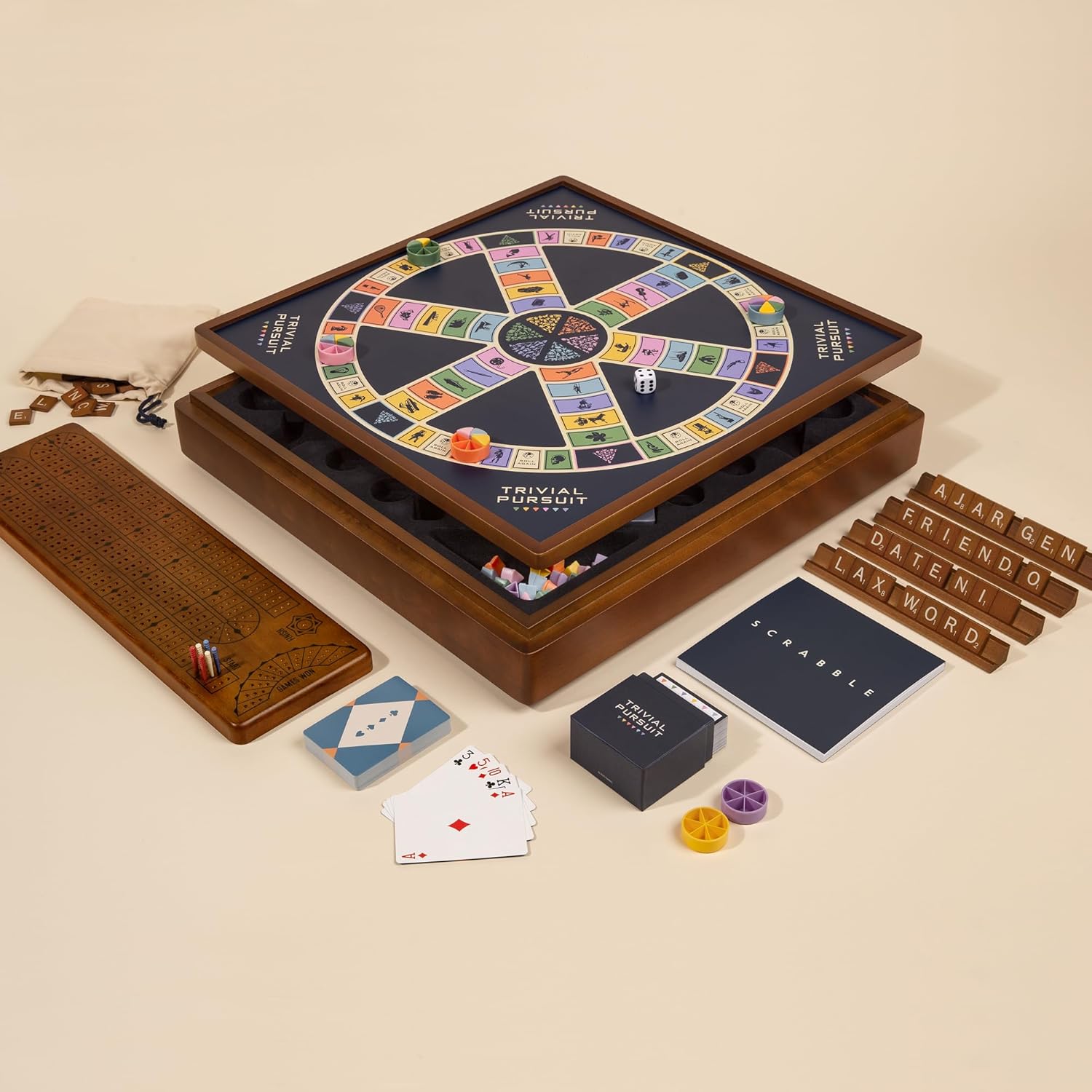 Scrabble, Trivial Pursuit, and Cribbage 3-in-1 Premium Game Collection by WS Game Company with Rotating Wooden Cabinet, Reversible Game Board, and Built-in Storage, Family Board Games for 2-6 Players