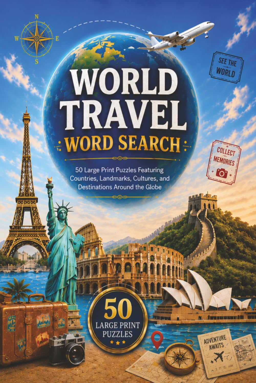 World Travel Word Search: 50 Large Print Puzzles Featuring Countries, Landmarks and Destinations Around the Globe