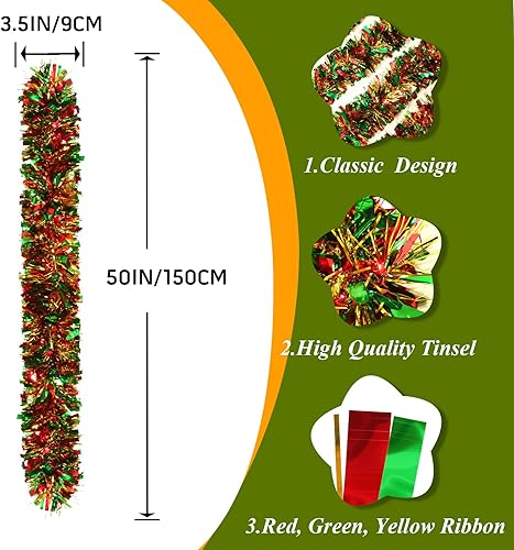 Miniatura 2 de Guirnalda de Navidad de 50 pies en rojo, dorado y verde, decoraciones de guirnalda de oropel Xmas con tallos retorcidos para decorar árbol,