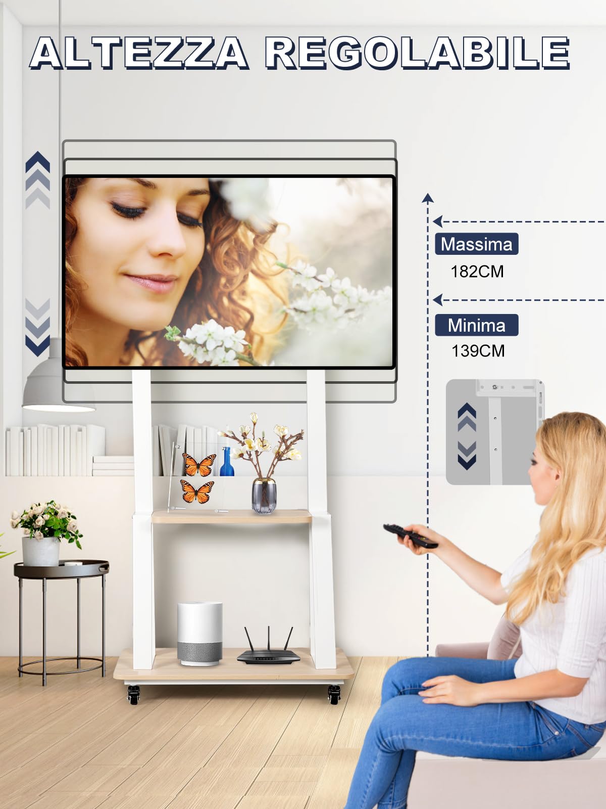 Supporto TV da pavimento da 32-75 Pollici, porta TV da terra mobile Compatibile don TV Piatti E Curvi Led/Lcd/Oled. Altezza Regolabile, con Base In Legno e Capacità di Carico Fino a 45 Kg. Bianco