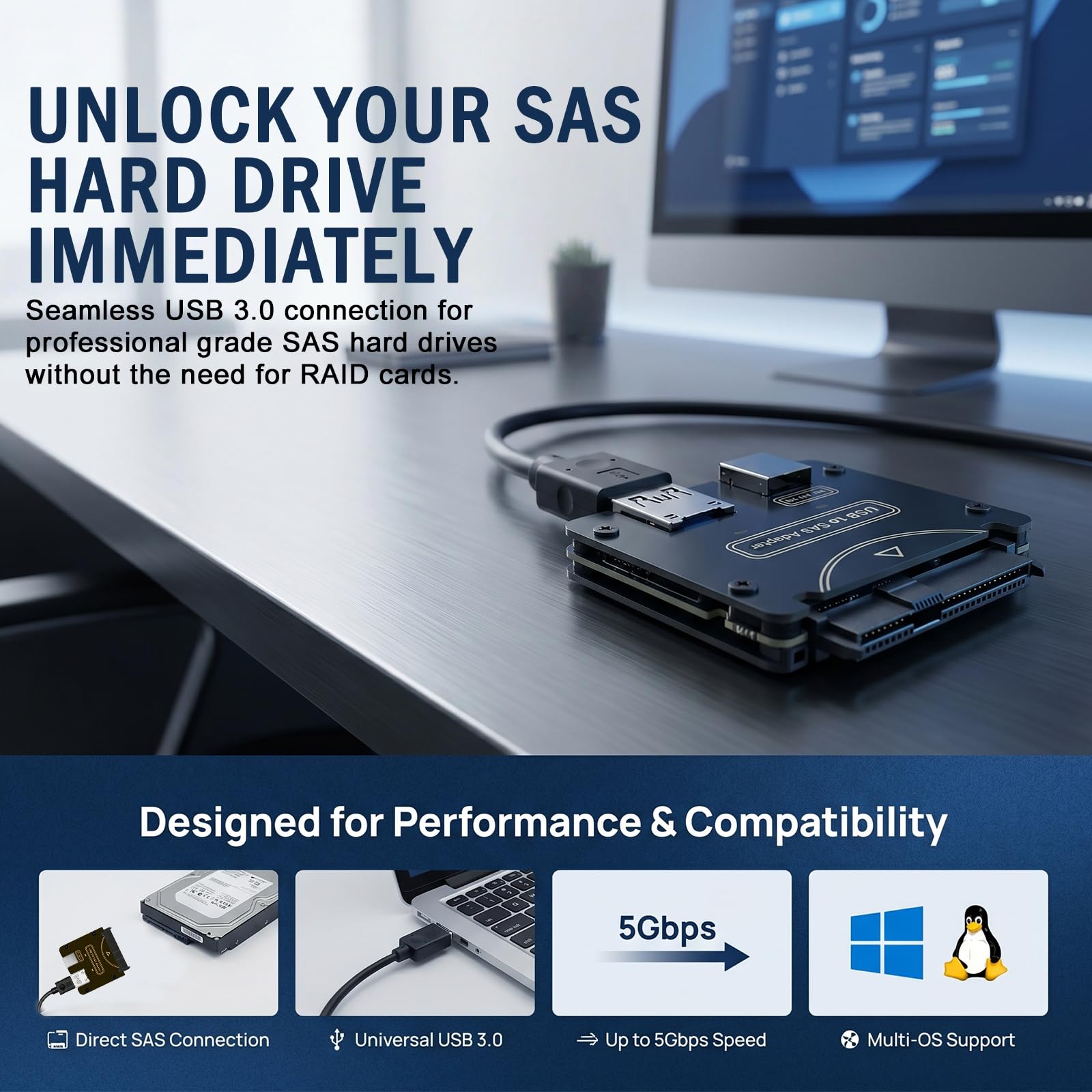 SFF-8482 Adattatore RAID per dischi rigidi SAS da 29 pin a USB3.0 5 Gbit/s, adattatore di conversione da USB 3.0 a SAS per dischi rigidi da 2,5/3,5 pollici, scheda adattatore SSD con chipset e