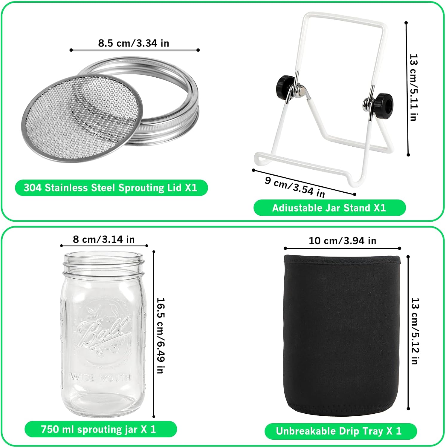 Sprouting Jar Kit,Wide Mouth Quart Mason Jars with Screen Sprout Lids & Stand,32oz, with Sleeves,Sprouts Growing Kit,Sprouting Kit for Broccoli Alfalfa & Bean Microgreens
