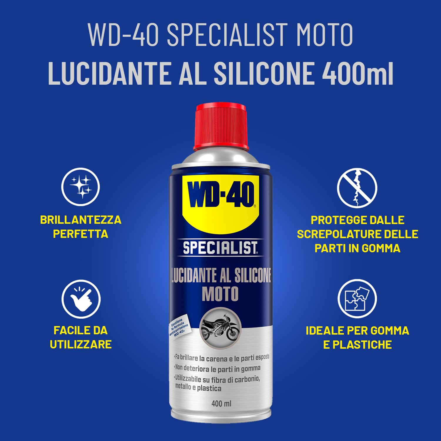 WD-40 Specialist Kit Manutenzione Moto Professionale 5 Prodotti con Detergente 500 ml, Pulitore Freni 500 ml e Catena 400 ml, Grasso Catena 400 ml, Lucidante silicone 400 ml, Spazzola Panno Microfibra