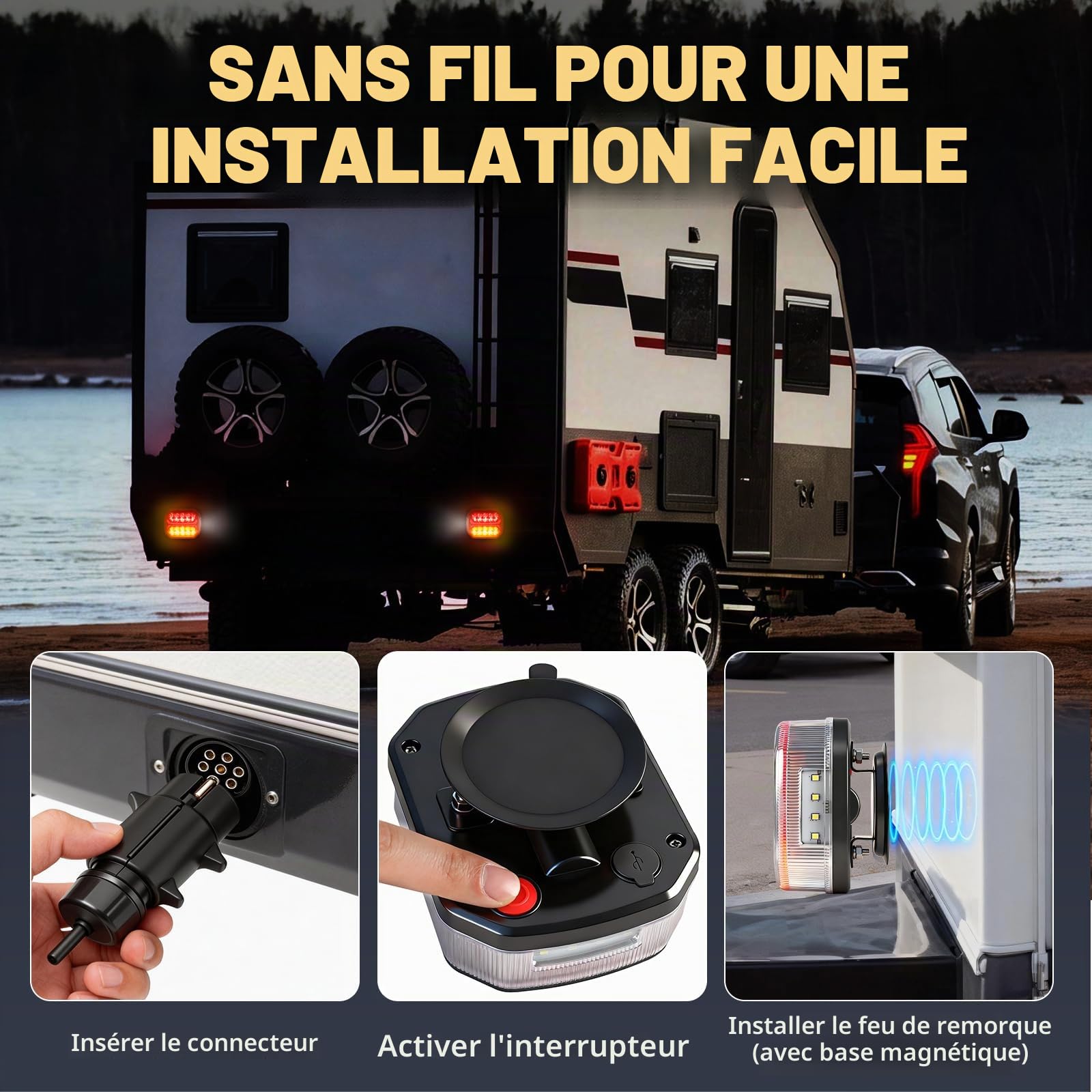 Feu remorque sans fil, Kit de Feux LED Rechargeables Étanches, Magnétique 12v feux remorque approuvé ECE pour voiture camion caravan Remorque IP67 E9