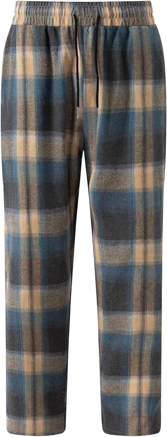 WENKOMG1 Men's Lightweight Sleep Bottoms, Plaid Lounge Casual Elastic Waist Pj Pants with Drawstring Pant, M-3XL
