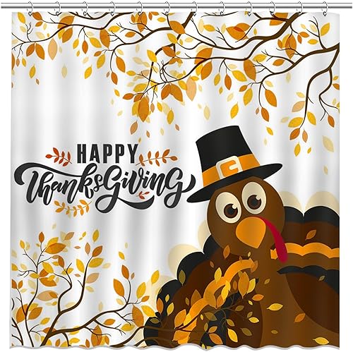 Mocsicka Cortina de ducha de Acción de Gracias, diseño de pavo y hojas de otoño, cortina de ducha de baño, cortina de baño de 72 x 72 pulgadas con