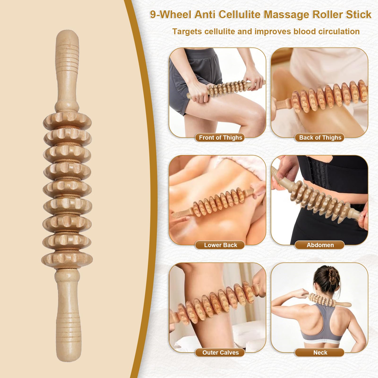 Ensemble d'outils de massage 6 en 1 pour thérapie du bois, kit de drainage lymphatique de bois avec rouleau de fascia, Gua Sha, outils de sculpture corporelle pour contourner et façonner