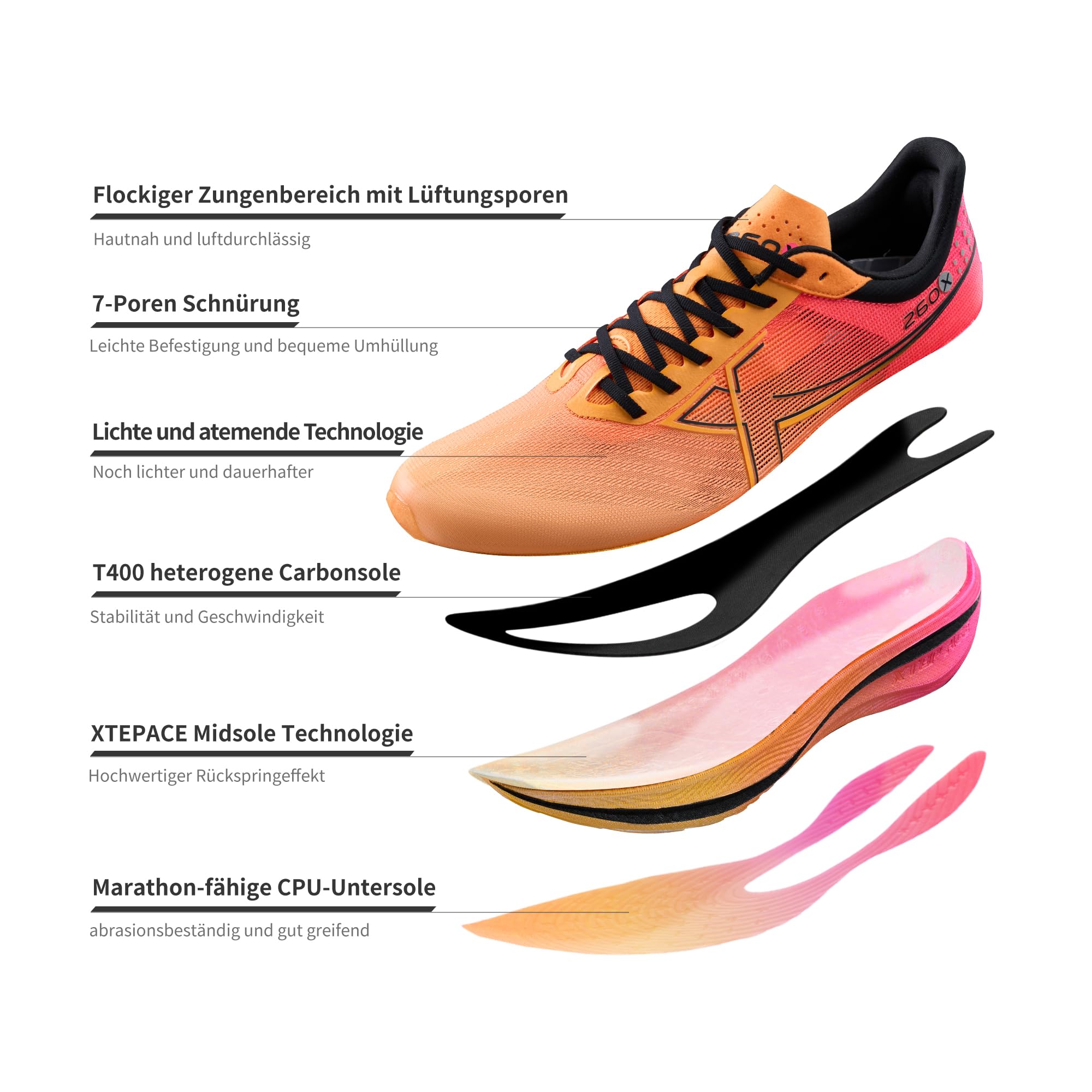 XTEP Scarpe da Corsa Uomo 260X, Scarpe da Maratona Aggiornate con 85% Ammortizzazione, Allenamento di Corsa con Placca di Carbonio Leggera, Respiranti e Antiscivolo