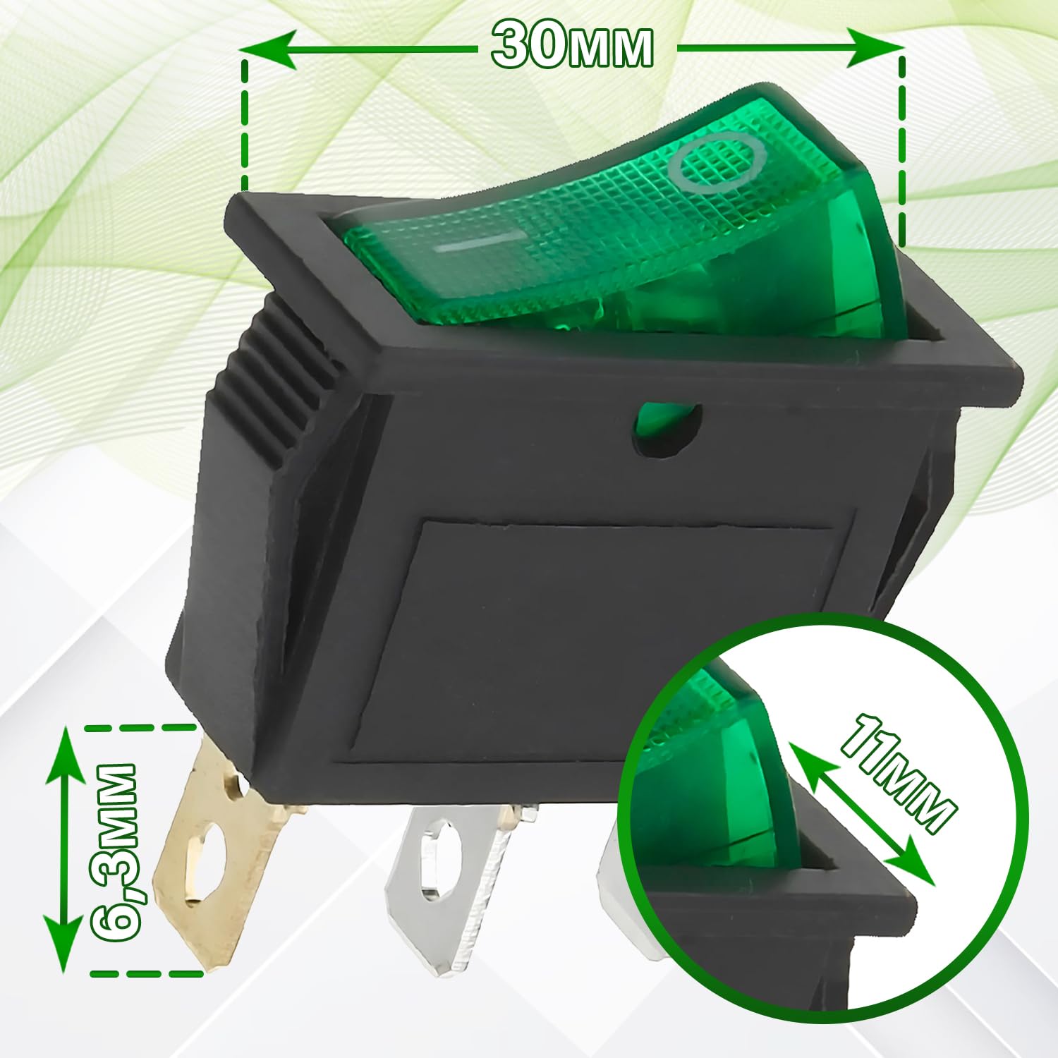 Interrupteur Bipolaire Lumineux Vert 250V 6A – Fastons 4,8 Mm, Corps Noir, Garantie 10 Ans MONTERAL