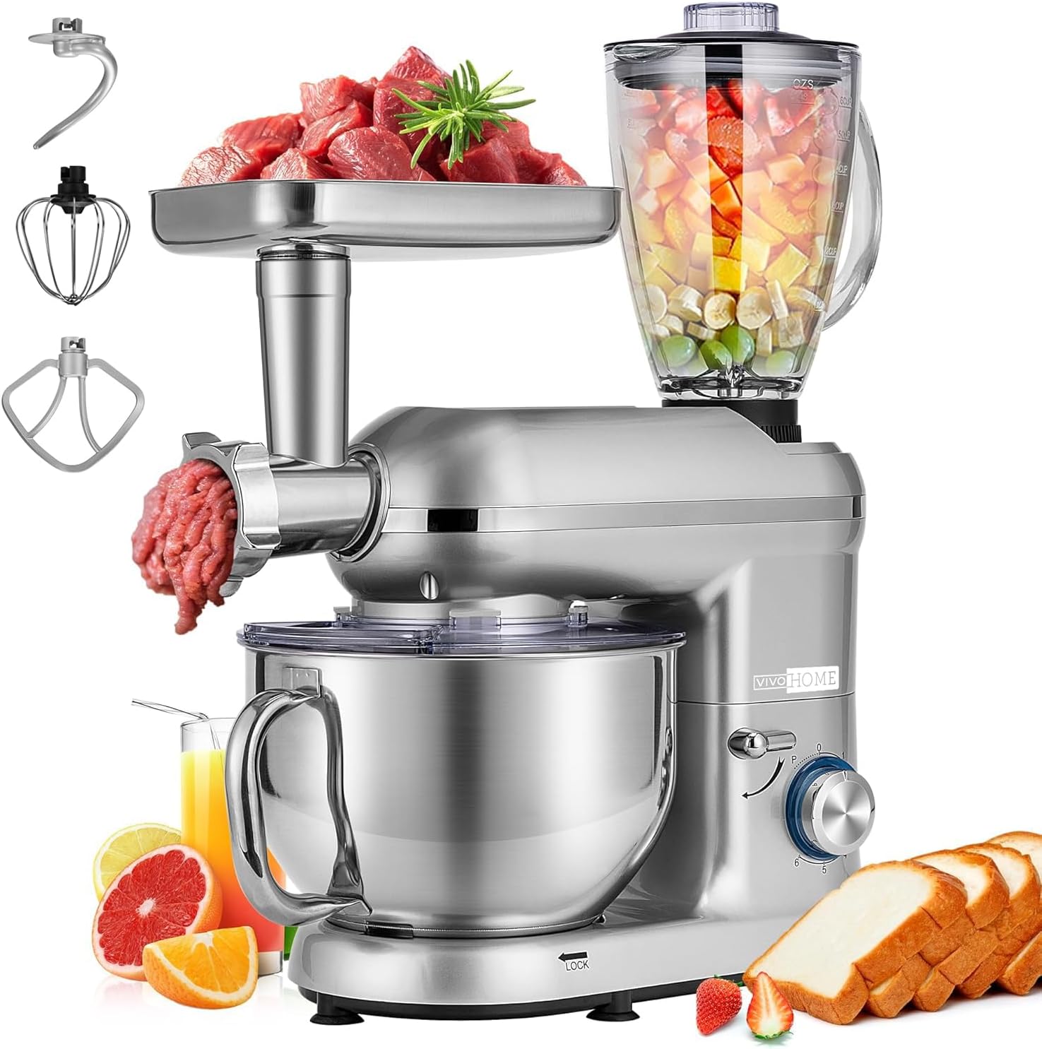 VIVOHOME 3-in-1 Stand Mixer, 6 Quart Electric Tilt-Head Kitchen Mixer with Bowl, Multifunctional Food Mixer with Meat Grinder and Blender Attachments, Dough Hook, Beater, and Whisk, Silver