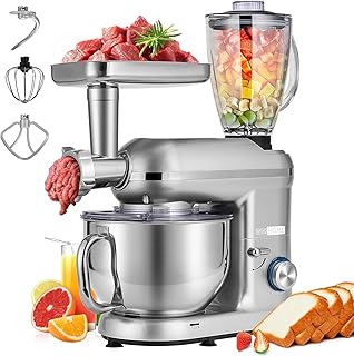 VIVOHOME 3-in-1 Stand Mixer, 6 Quart Electric Tilt-Head Kitchen Mixer with Bowl, Multifunctional Food Mixer with Meat Grinder and Blender Attachments, Dough Hook, Beater, and Whisk, Silver