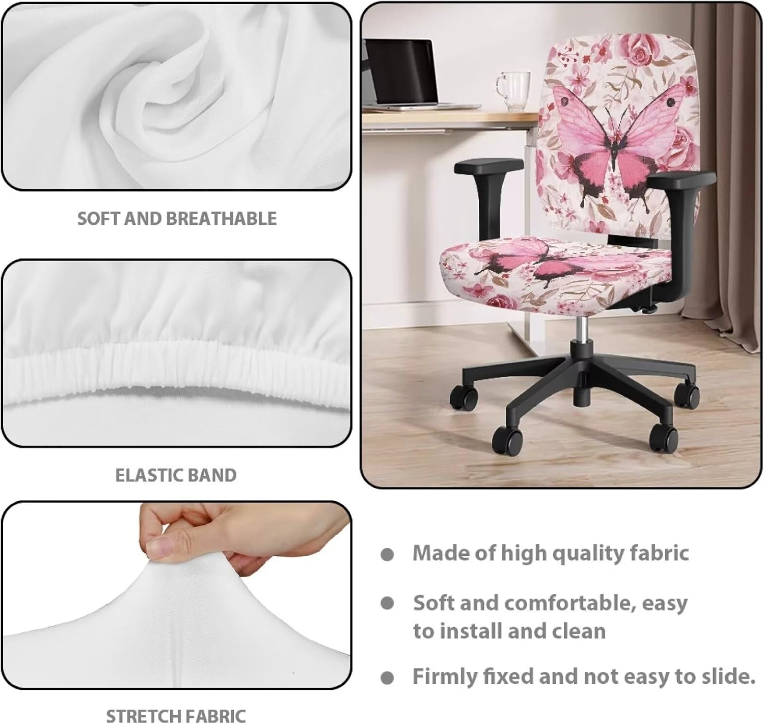 Flashideas Pink Butterfly Office Chair Covers Stretchable Computer Chair Protector Armrest Chair Slipcover Computer Chair Seat Cushion Cover Chair Protector