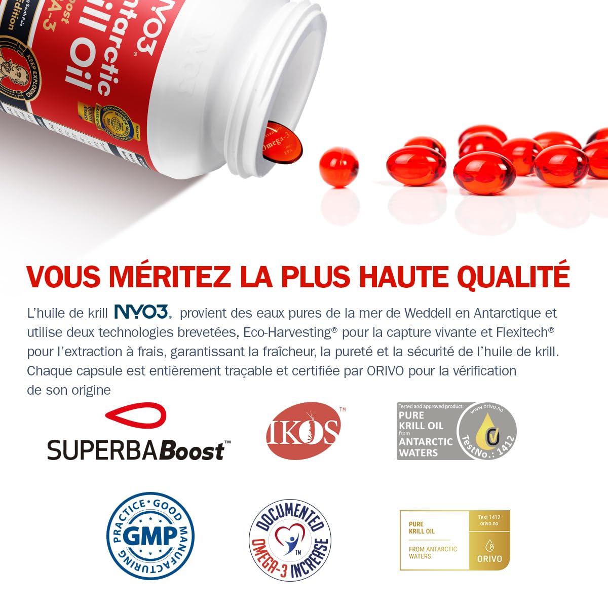 NYO3 Huile de Krill Pure d'Antarctique 1000mg Oméga-3, 56% de Phospholipides pour une Absorption Optimale des Nutriments, Complexe Choline et Astaxanthine pour le Cœur et le Cerveau, 90 Gélules