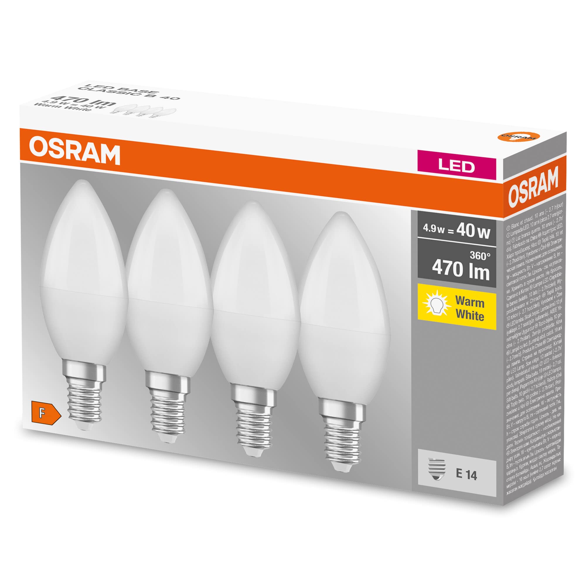 OSRAM LED Base Classic B, a forma di candela con base E14, non dimmerabile, sostituisce 40 Watt, opaco, bianco caldo - 2700 Kelvin, confezione da 40 pz.