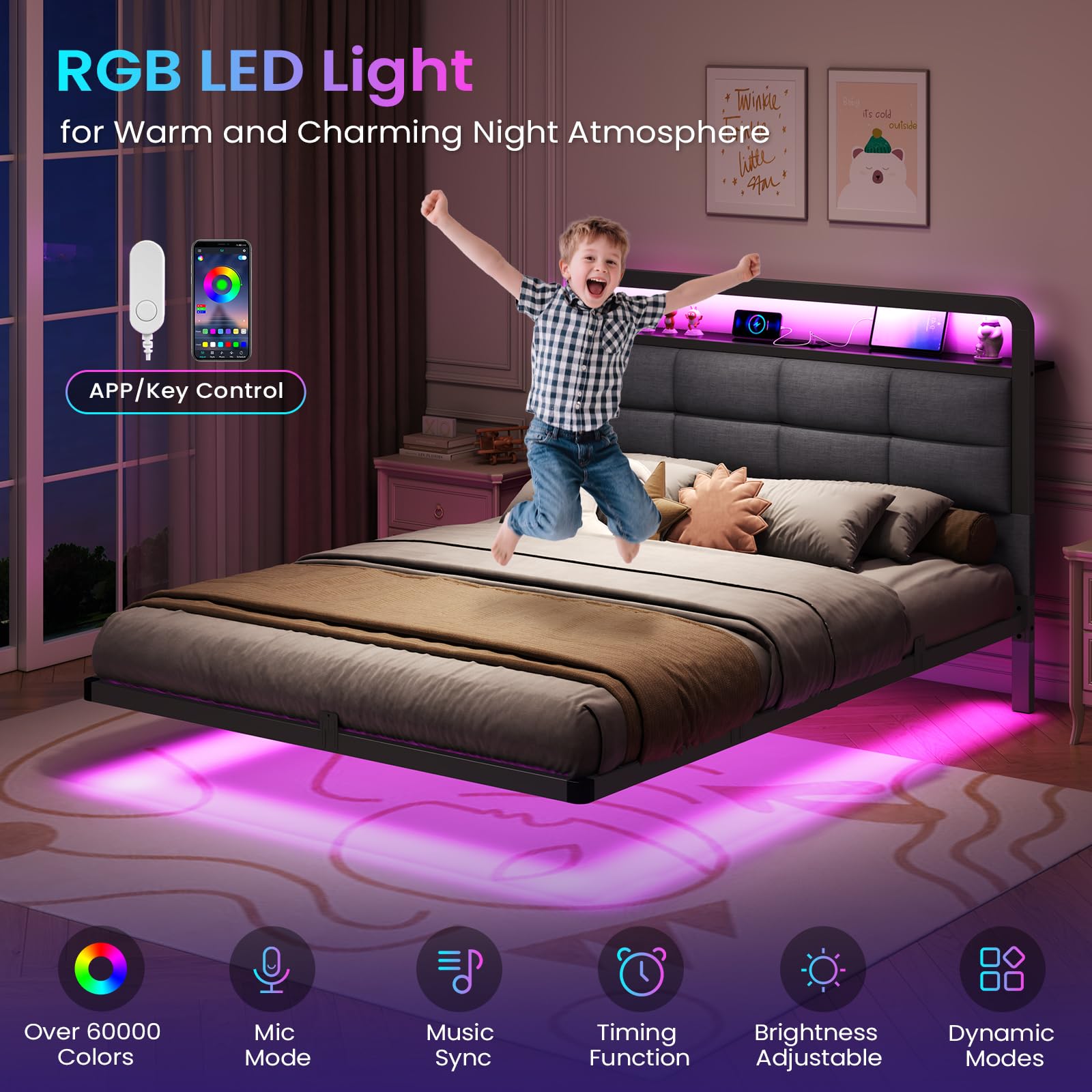 Brinlawb Full Floating Bed Frame with Charging Station and LED Lights, Upholstered Headboard with Storage, Full Size Metal Bed Frame with Heavy Duty Steel Slats, No Box Spring Needed, Easy Assembly: Black & Grey Full