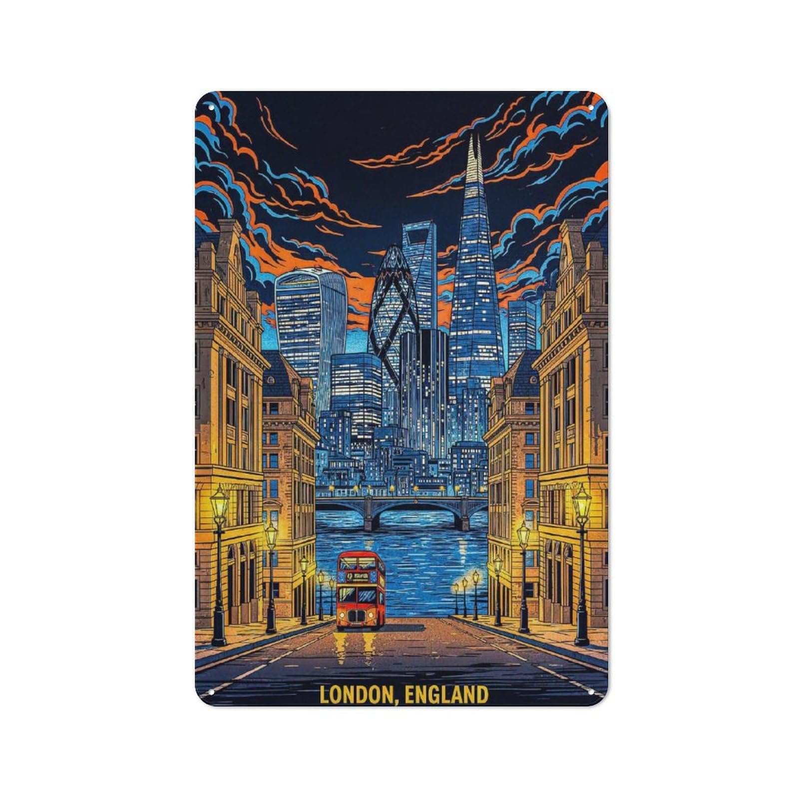 Junmoney Style-14 Tin Wall Plaque 30X20cm With London Skyline With Double Decker Bus For Café Or Restaurant, Housewarming Present For People Styling Café And Restaurant