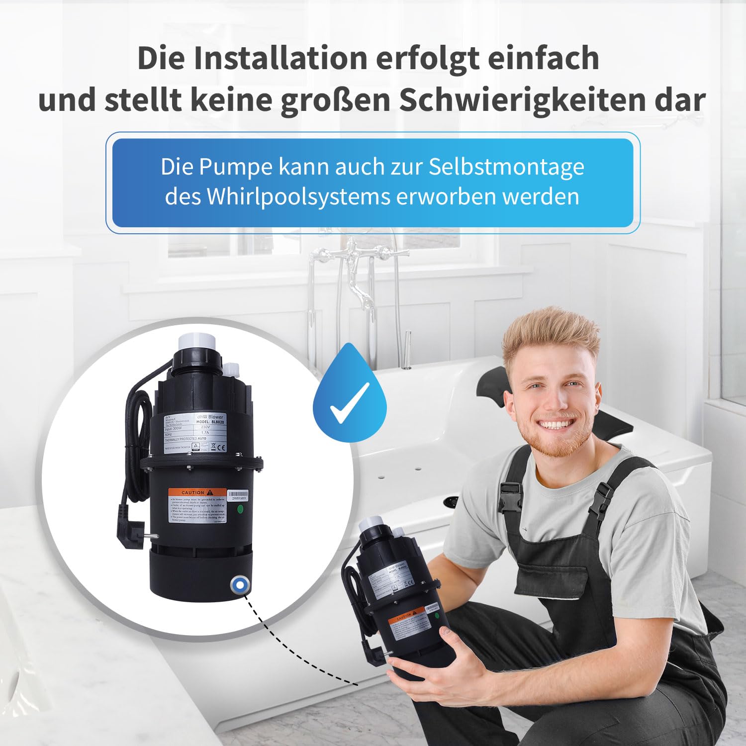 AQUADE Whirlpoolluftgebläse Leise Pneumatisch 300W - Whirlpoolgebläse Badewanne - Gebläse Whirlpool-Badewannen - Luftgebläse Außenwhirlpool/Garten/Outdoor Whirlpool Gebläse: 300 W 230V