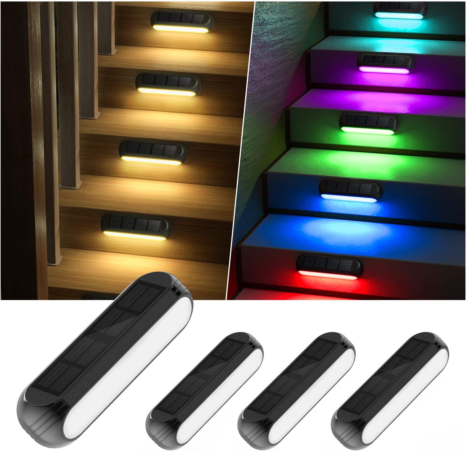 Ahaorigin Solar Outdoor Lights for Deck 4 Pack, Upgraded RGB Solar Fence Lights with Color Changing & Warm White Mode, Waterproof LED Solar Powered Light for Yard, Wall, Stairs, Pool and Step Decor