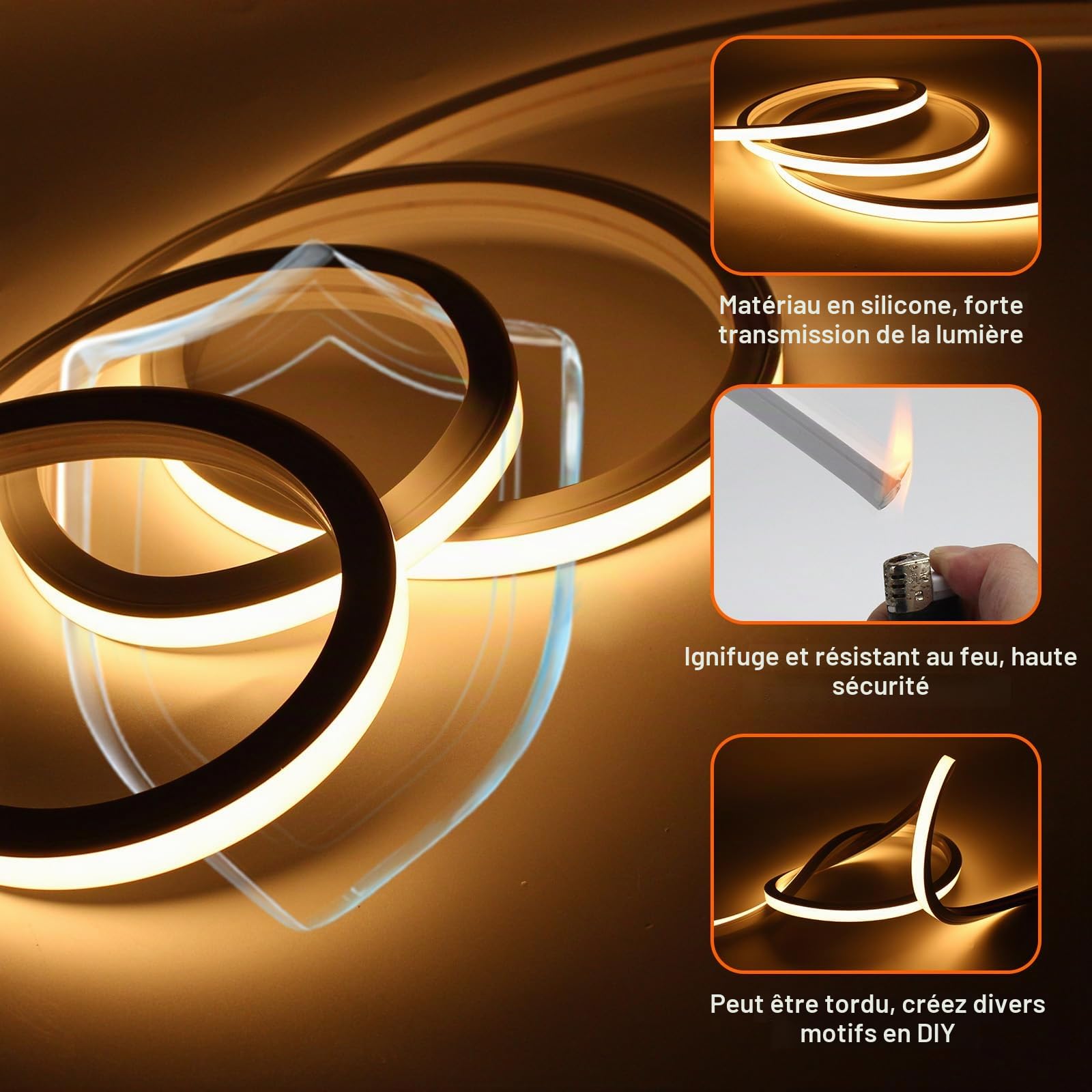 Neon Ruban LED Exterieur 15m, Silicone Néon Bandeau Led 220V Exterieur Etanche Ignifuger IP65 Bande LEDs DIY Flexible Blanc Chaud 3000K Découpable Rubans à Leds 120LED/m Avec Alimentation