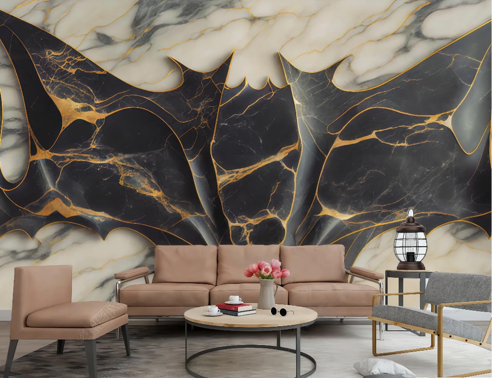 Tapeta nowoczesna, minimalistyczna, tłoczona złota folia, łącząca czarno-biały wzór marmuru, tapeta ścienna, do salonu, restauracji, kawiarni, 3D, 300 x 210 cm